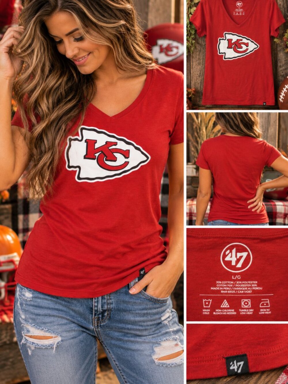 Kansas City Chiefs ’47 Brand Womens Large Red V Neck NFL T Shirt Tee 140 - Picture 2 of 8